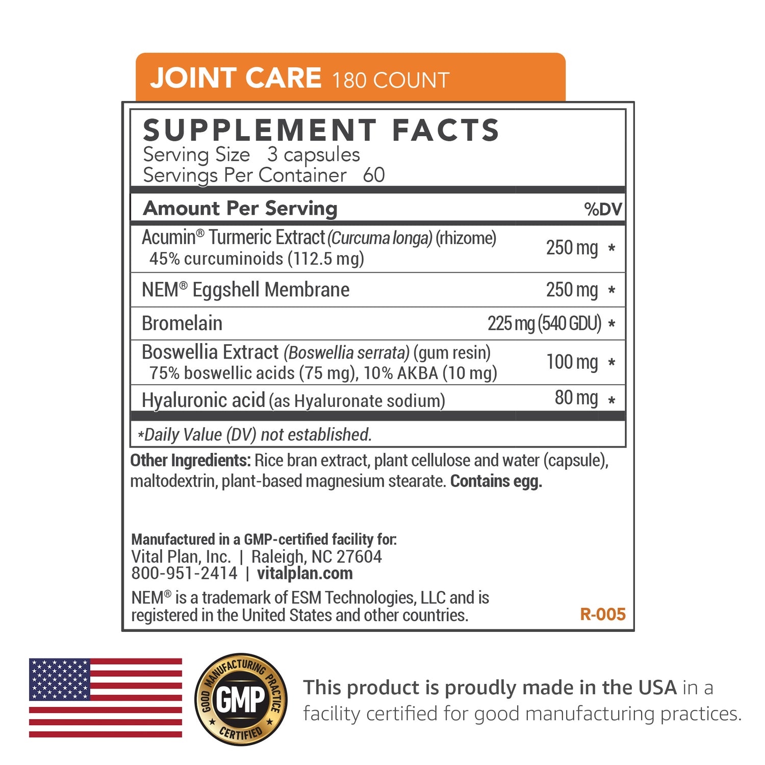 180ct_Joint_Care_Supplement_Facts_Panel - Vital Plan